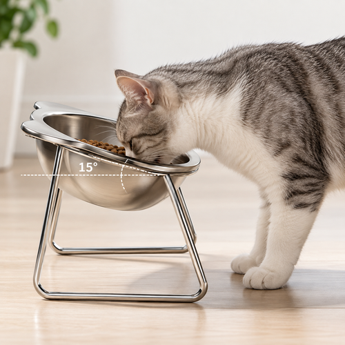 Upphöjd Matskål för Katt & Liten Hund – 15° Lutande Mat- & Vattenskål i Rostfritt Stål med Ställning