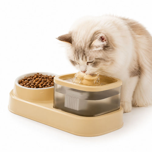 2-i-1 Kattfontän & Matskål – Automatisk Vattendispenser med Matskål
