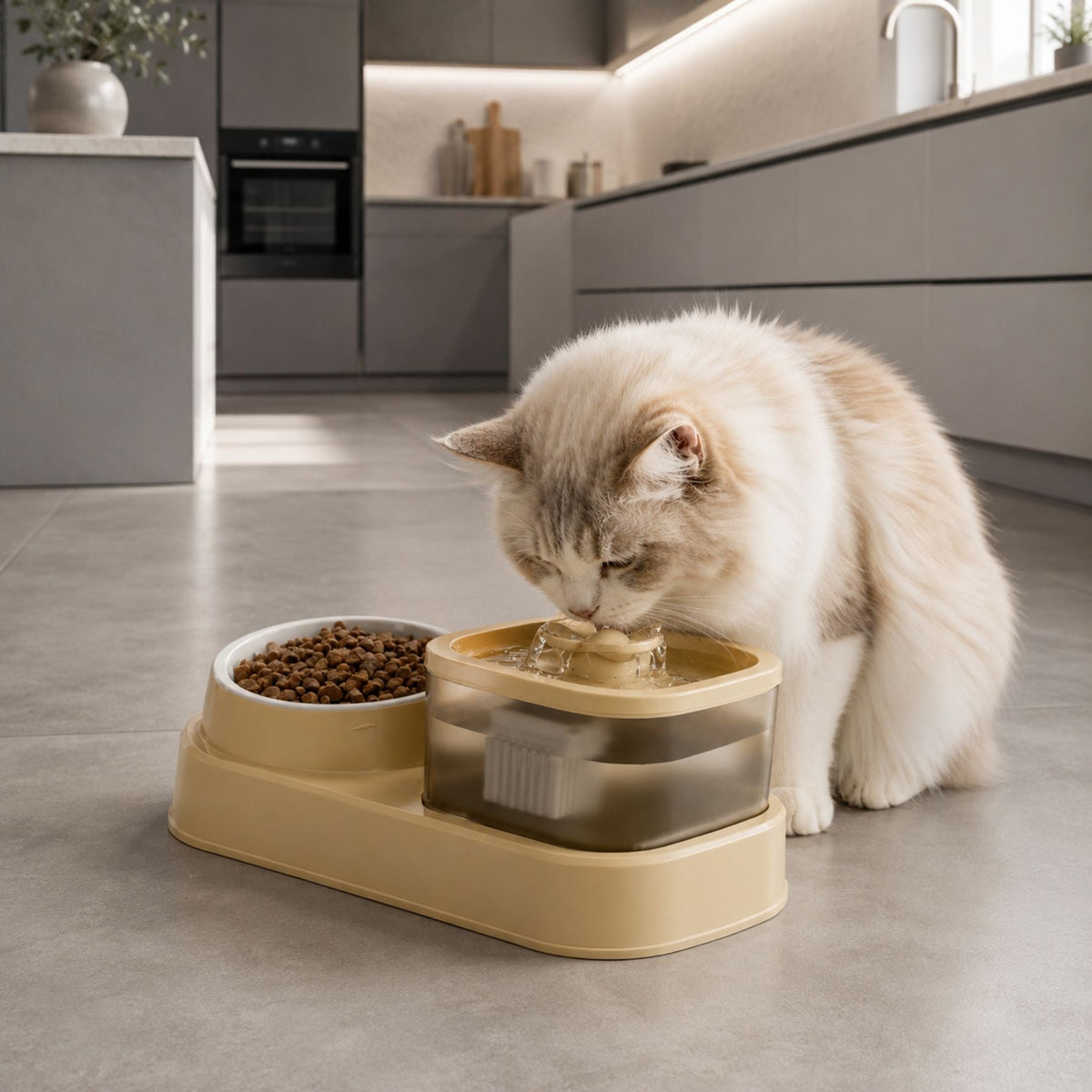 2-i-1 Kattfontän & Matskål – Automatisk Vattendispenser med Matskål