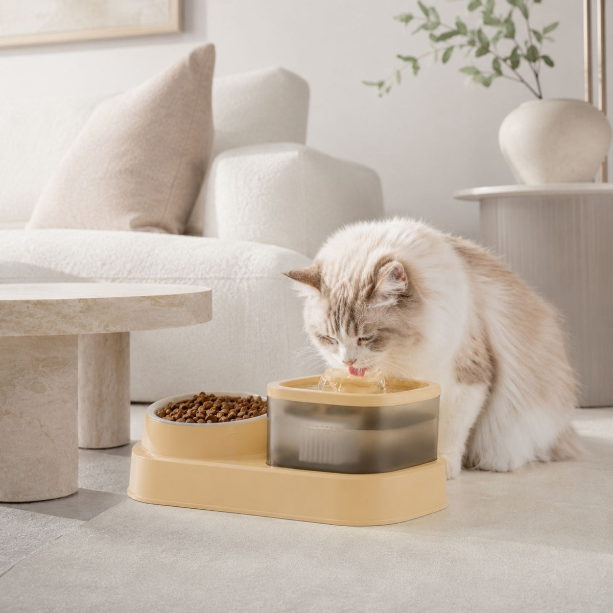 2-i-1 Kattfontän & Matskål – Automatisk Vattendispenser med Matskål