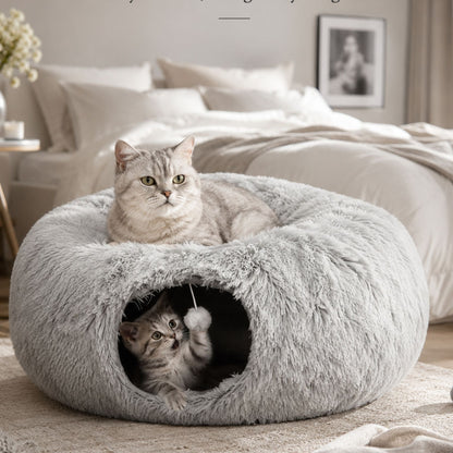 2-i-1 Kattunnel & Kattbädd i Plysch – Sovgrotta med Hängande Leksak