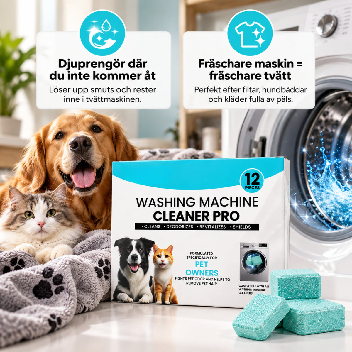 Tvättmaskinsrengöring för Hund- & Kattägare – Tar Bort Päls & Dålig Lukt | 12-pack