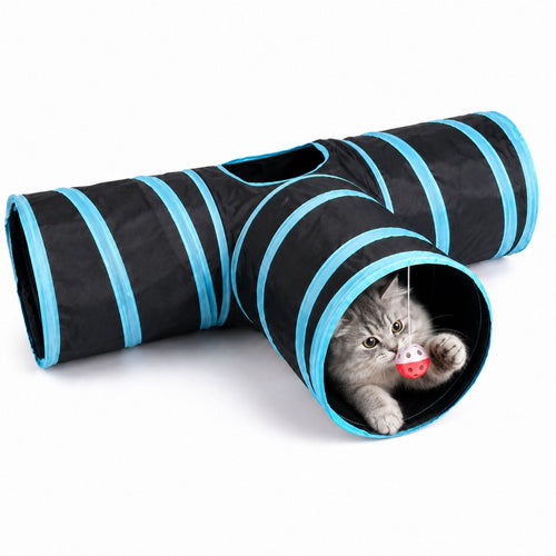 3-vägs Kattunnel med Tittöppning & Hängande Boll – Vikbar Lektunnel för Katter