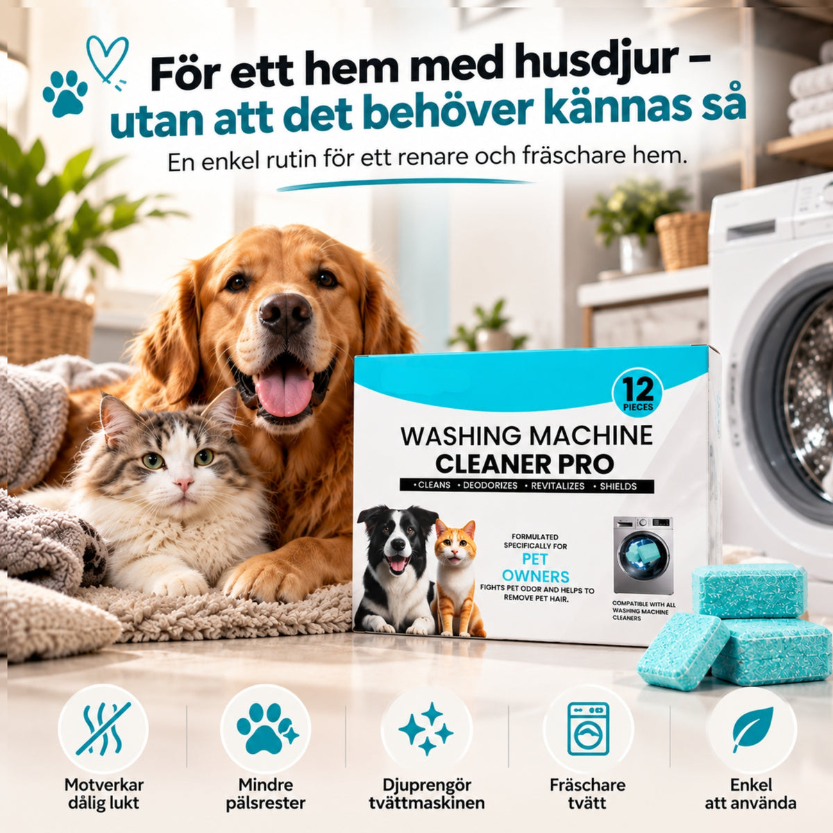 Tvättmaskinsrengöring för Hund- & Kattägare – Tar Bort Päls & Dålig Lukt | 12-pack
