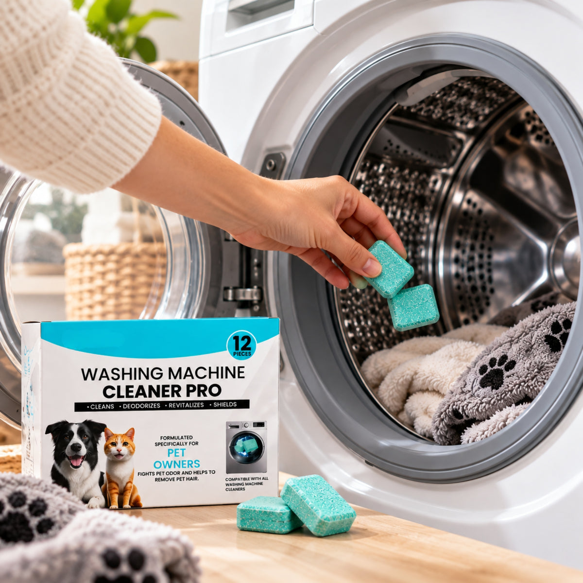 Tvättmaskinsrengöring för Hund- & Kattägare – Tar Bort Päls & Dålig Lukt | 12-pack