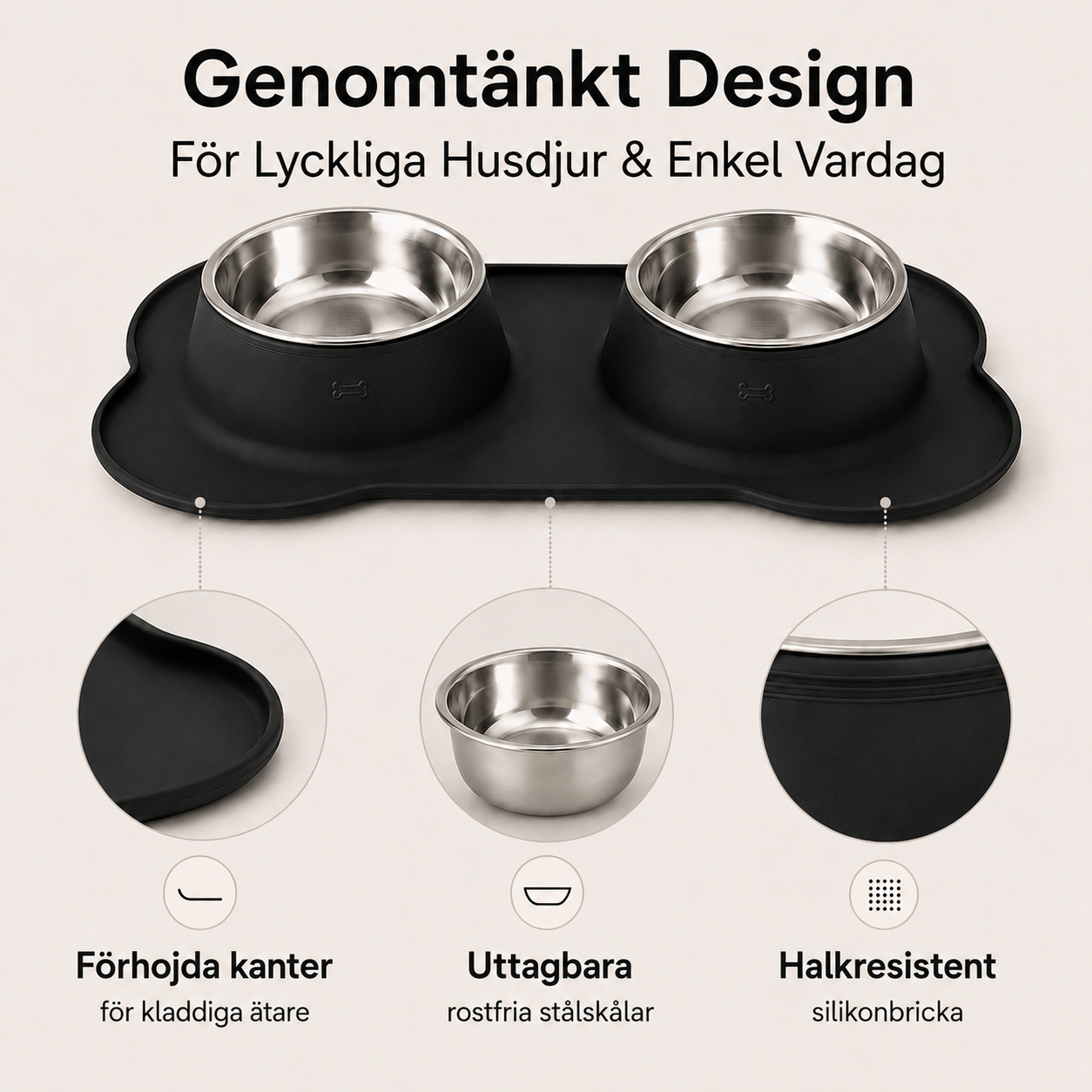 Premium Halkfri Dubbelskål för Hund & Katt med Silikonmatta och Avtagbara Skålar i Rostfritt Stål – Mat- & Vattenstation