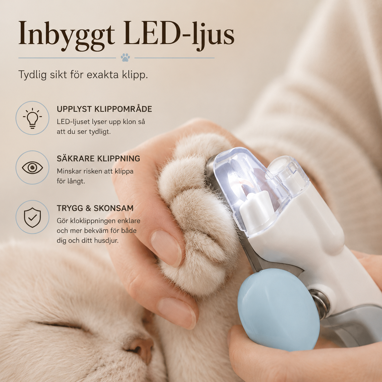 Klosax med LED-Ljus för Hund & Katt – Klotrimmer med Säkerhetsstopp och Uppsamlare för Klippavfall