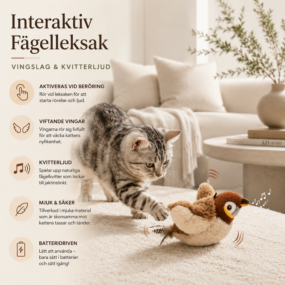 Uppladdningsbar Fågelleksak för Katt – Flaxande Vingar, Fågelljud & Touchaktivering