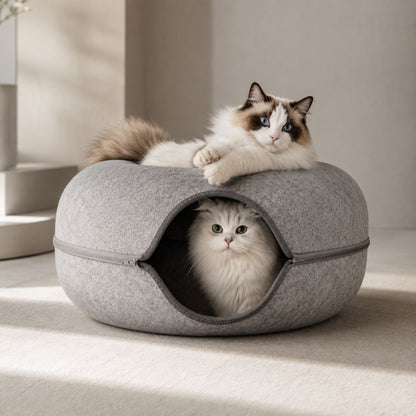 Vikbar Rund Kattunnel i Filt – Donutformad Kattgrotta & Kattbädd