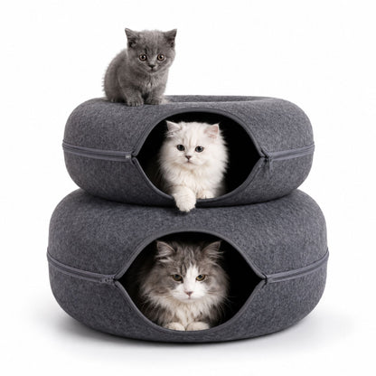 Vikbar Rund Kattunnel i Filt – Donutformad Kattgrotta & Kattbädd