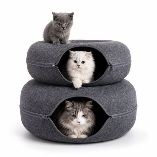 Vikbar Rund Kattunnel i Filt – Donutformad Kattgrotta & Kattbädd