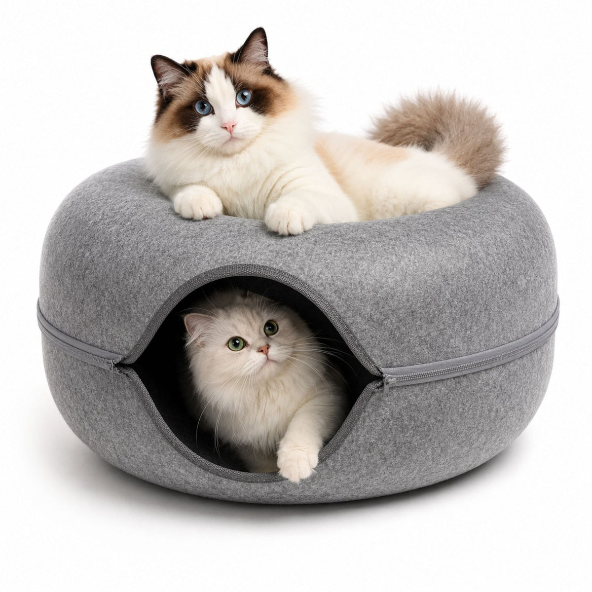 Vikbar Rund Kattunnel i Filt – Donutformad Kattgrotta & Kattbädd