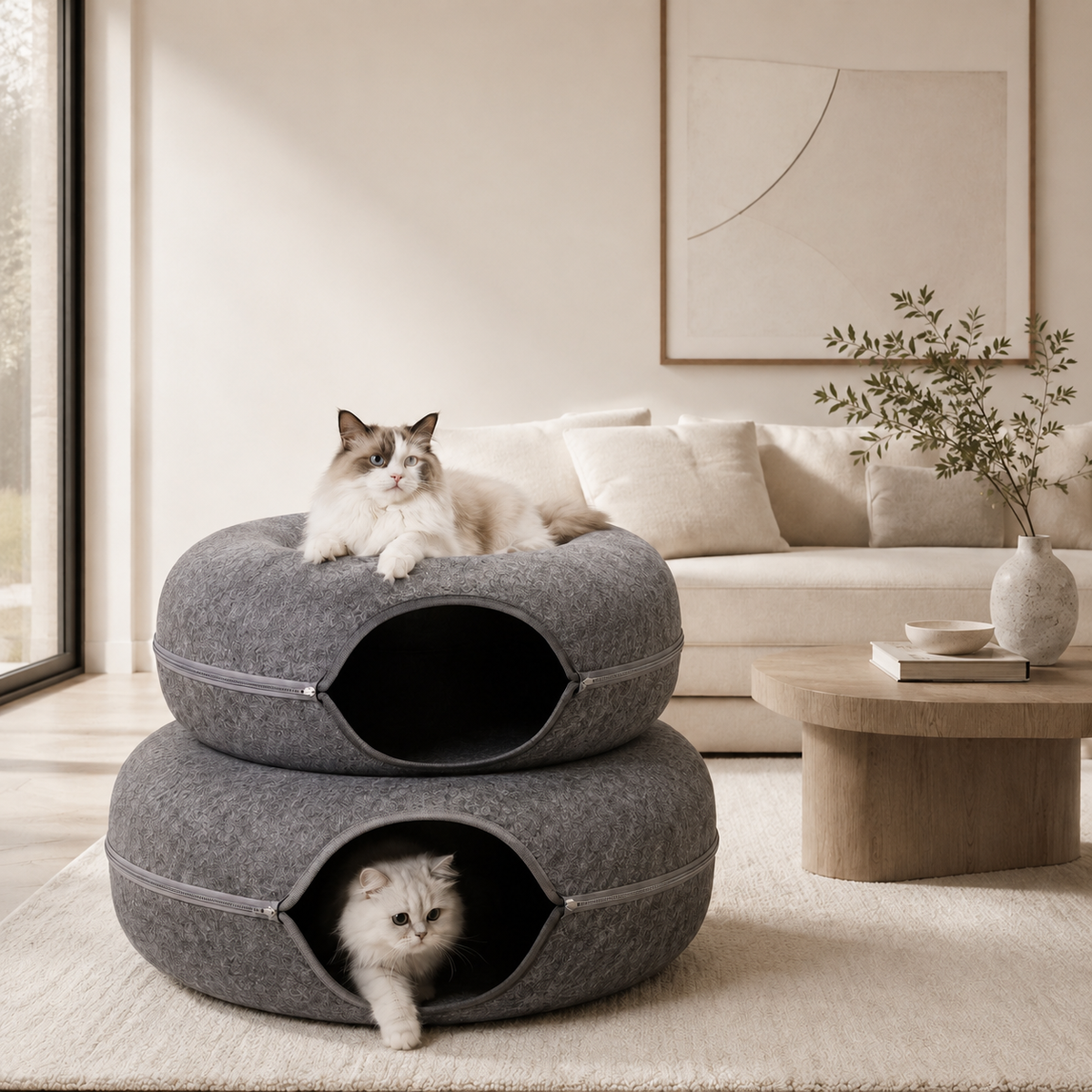 Vikbar Rund Kattunnel i Filt – Donutformad Kattgrotta & Kattbädd