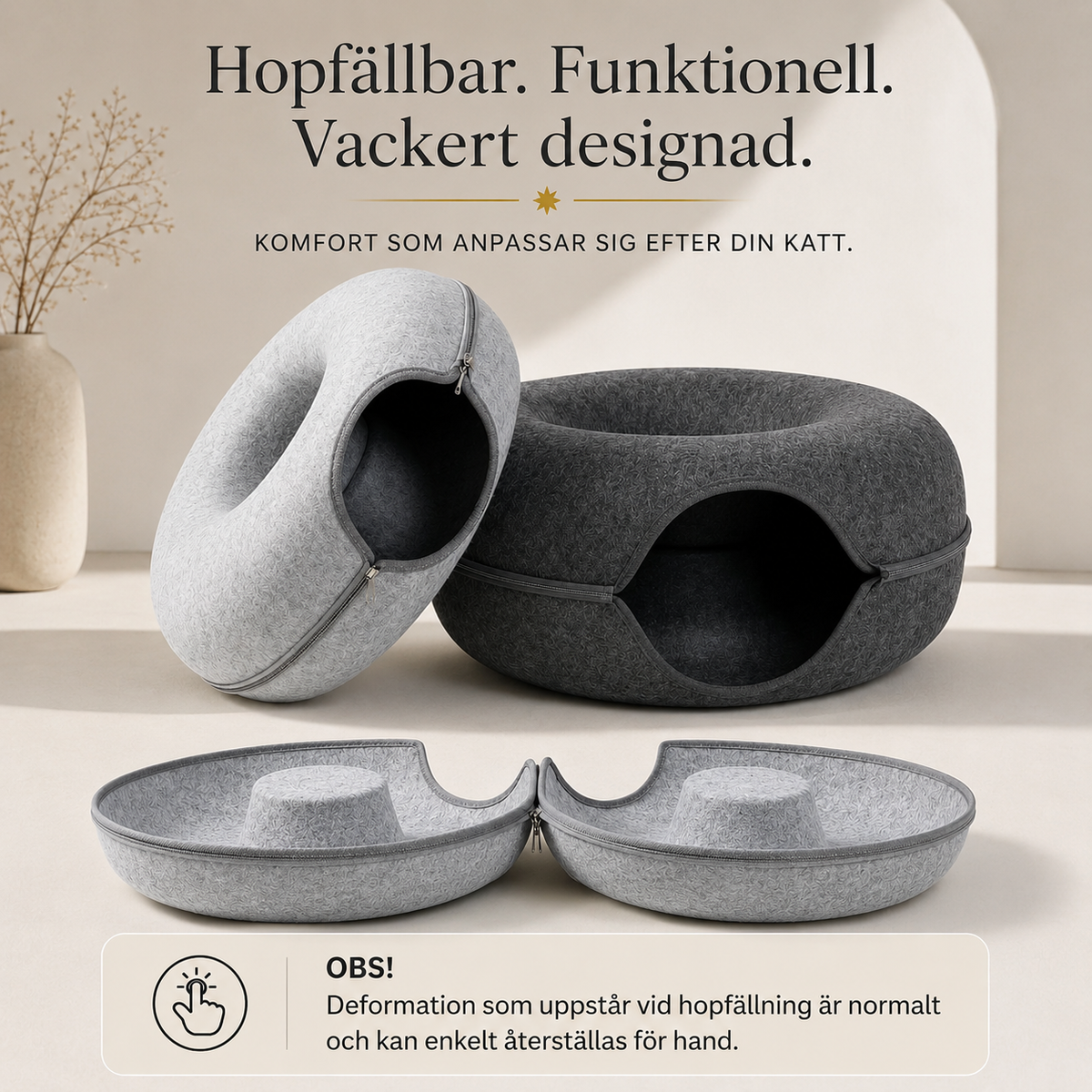 Vikbar Rund Kattunnel i Filt – Donutformad Kattgrotta & Kattbädd