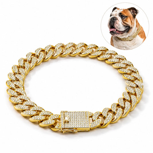Guldfärgat Kubanskt Halsband för Hund med Strass – Dekorativt Smyckeshalsband