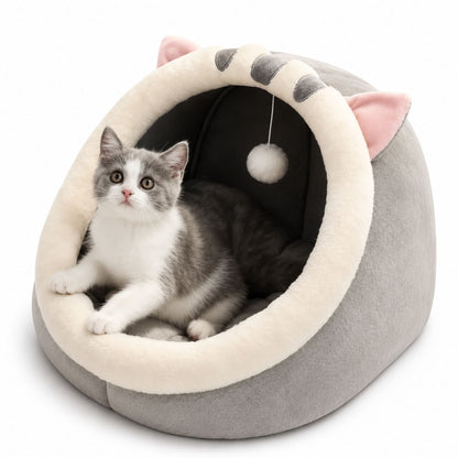 Kattgrotta i Plysch med Hängande Leksak – Mjuk Bädd för Katt & Små Hundar