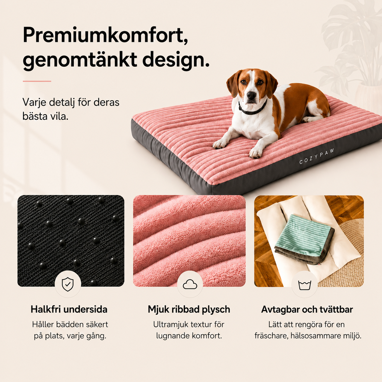 Extra Tjock Tvättbar Hundmadrass för Medelstora & Stora Hundar – Ultra Mjuk Ribbad Plyschbädd med Halkfri Botten