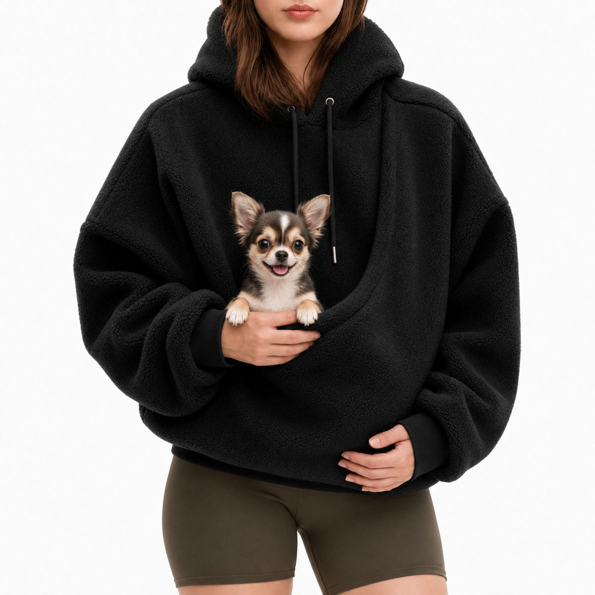 Oversize Sherpa Hoodie med Husdjursficka för Dam – Bärtröja för Små Hundar & Katter