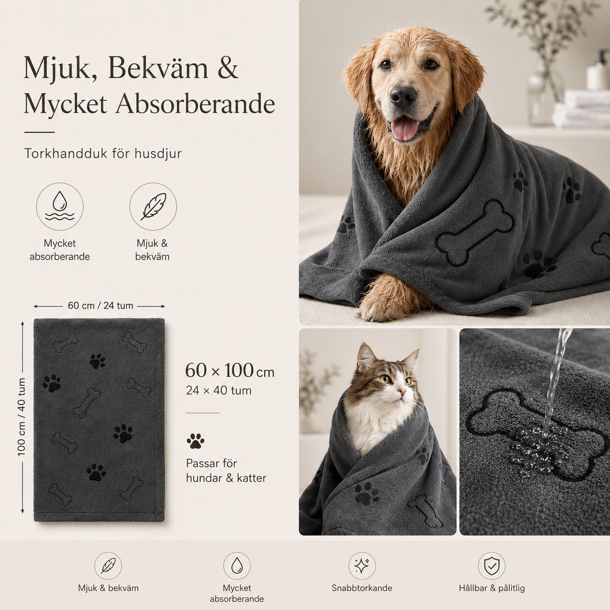 Mikrofiberhandduk för Hund & Katt – Snabbtorkande och Absorberande Badhandduk för Husdjur
