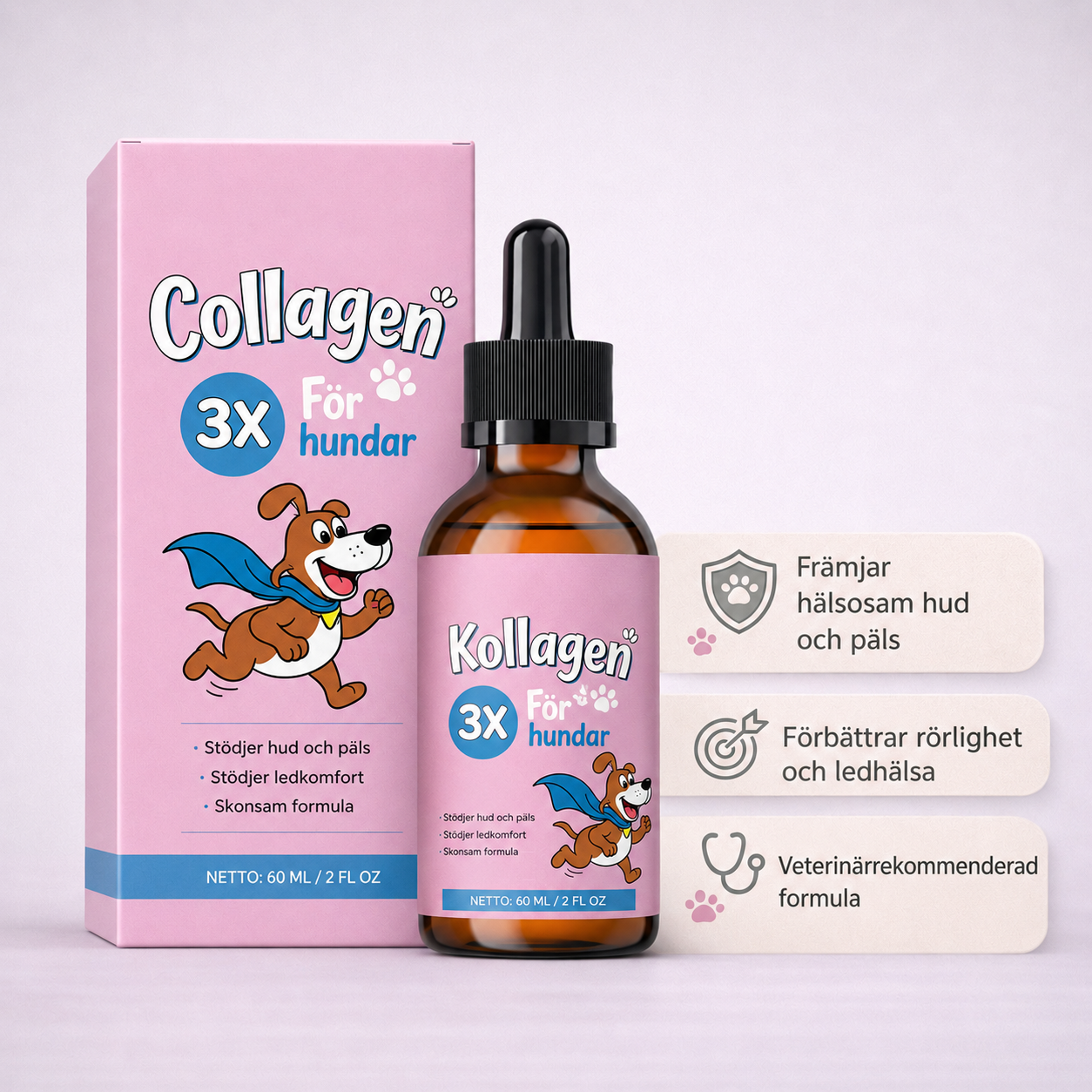 Kollagendroppar för Hundar – 60 ml Flytande Kollagentillskott för Leder, Rörlighet, Hud & Päls