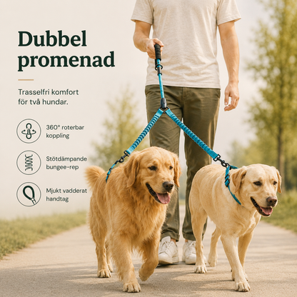 Dubbelt Hundkoppel för Två Hundar – Stötdämpande Koppel med Bekvämt Handtag