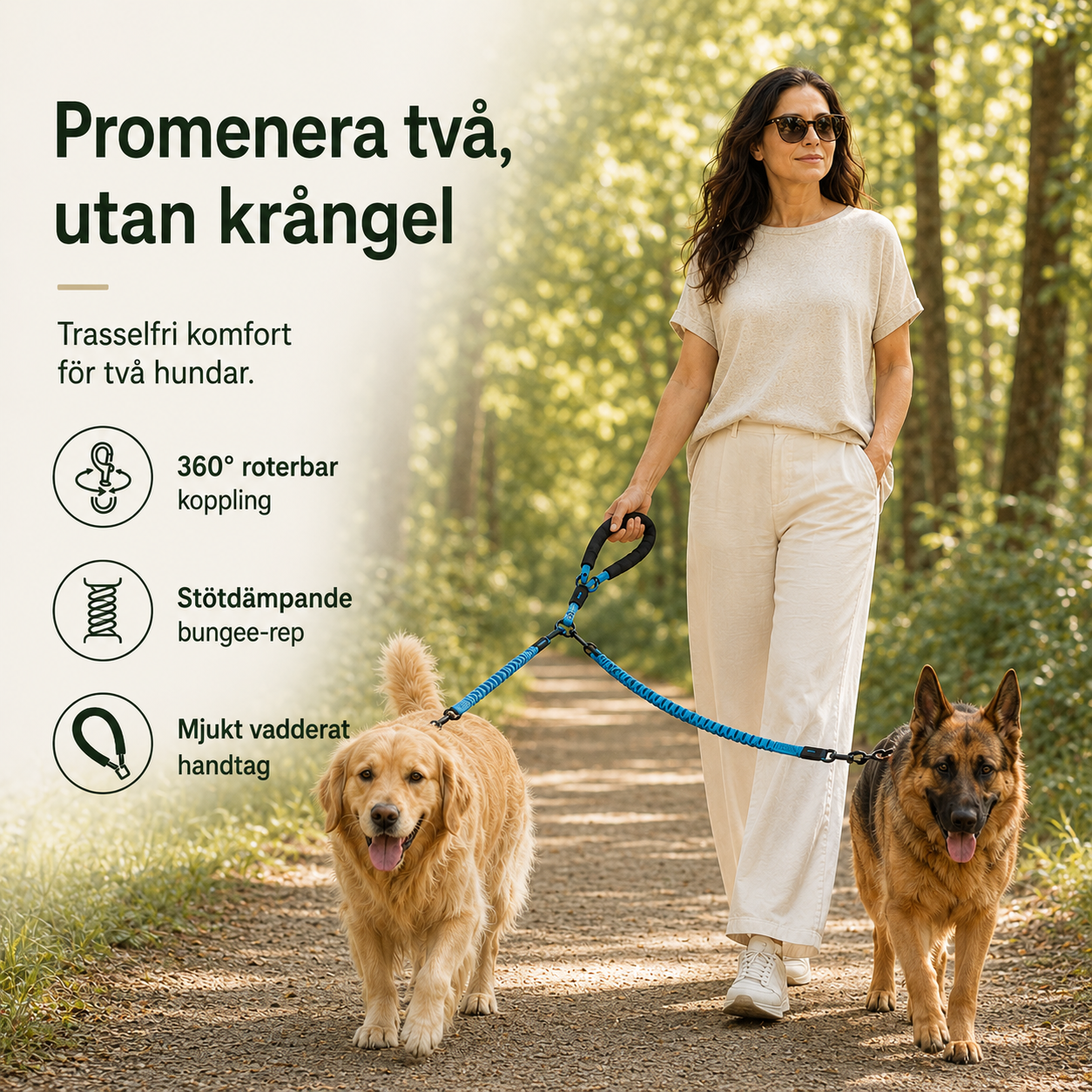 Dubbelt Hundkoppel för Två Hundar – Stötdämpande Koppel med Bekvämt Handtag