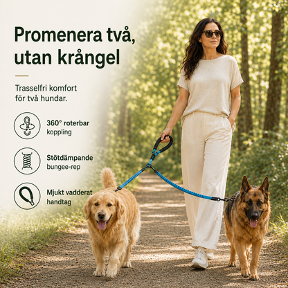 Dubbelt Hundkoppel för Två Hundar – Stötdämpande Koppel med Bekvämt Handtag