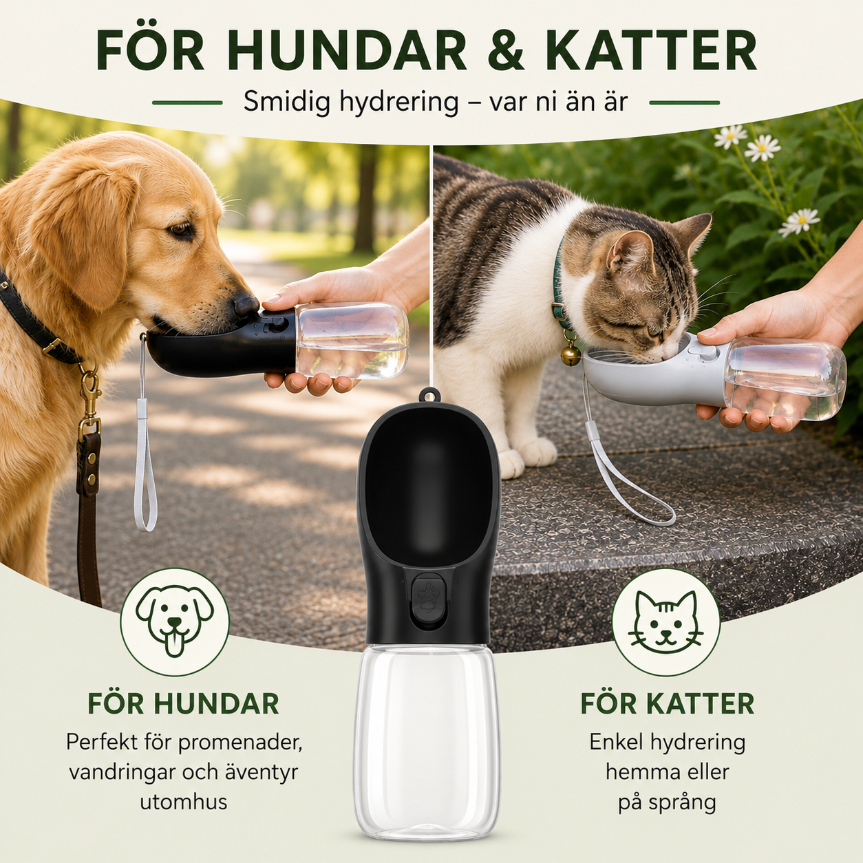 Portabel Vattenflaska för Hund & Katt – Läckagesäker Reseflaska med Integrerad Drickskål