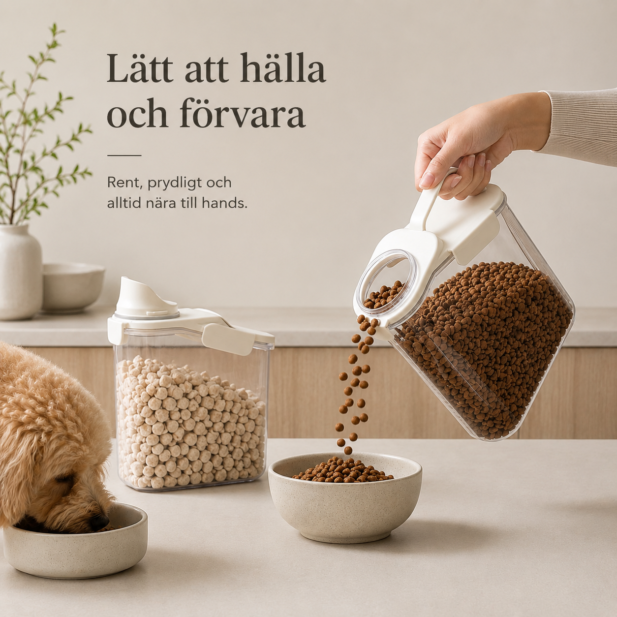 Förvaringsbehållare för Djurfoder med Måttskala & Hällpip – Lufttät Foderbehållare för Hundmat, Kattmat & Torrvaror