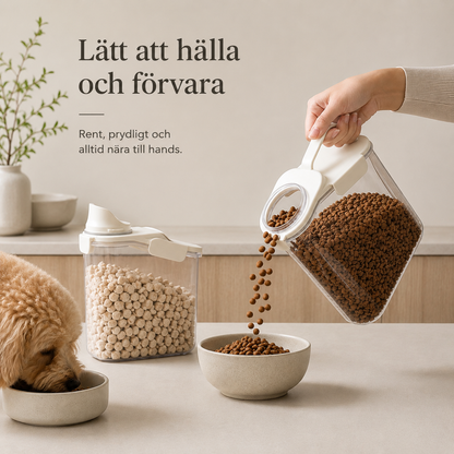 Förvaringsbehållare för Djurfoder med Måttskala & Hällpip – Lufttät Foderbehållare för Hundmat, Kattmat & Torrvaror
