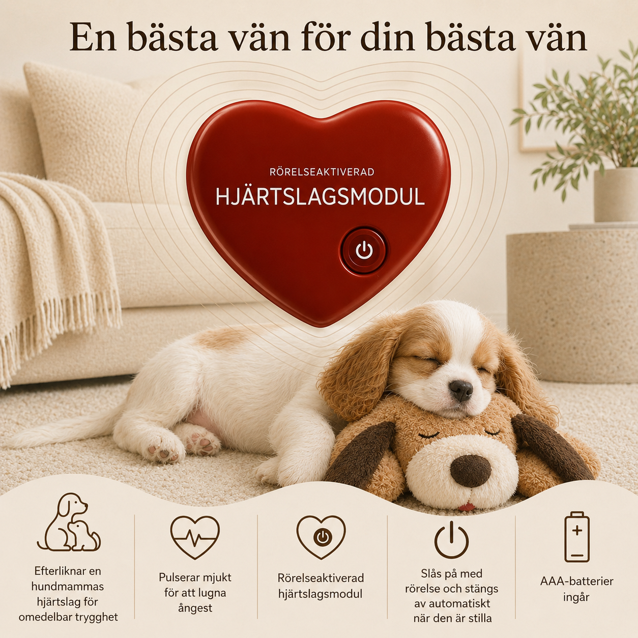 Plyschleksak med Hjärtslag för Hund & Valp – Mjuk Trygghetsleksak med Simulerat Hjärtslag för Vila & Sömn