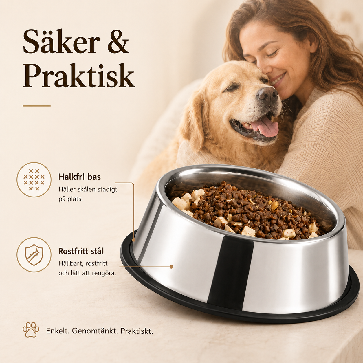 Matskål i Rostfritt Stål med Halkfri Botten – Silverfärgad Hund- & Kattskål för Mat och Vatten