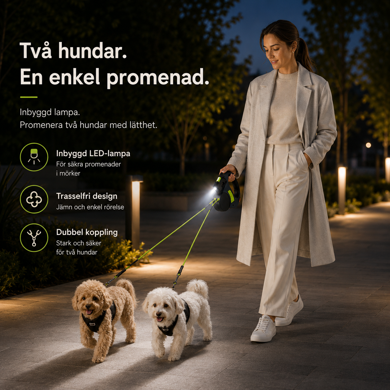 Dubbelt Upprullbart Hundkoppel för Två Hundar – Med Inbyggd Ficklampa & Hållare för Bajspåsar