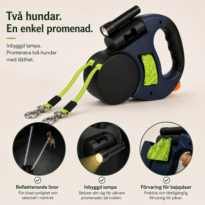 Dubbelt Upprullbart Hundkoppel för Två Hundar – Med Inbyggd Ficklampa & Hållare för Bajspåsar