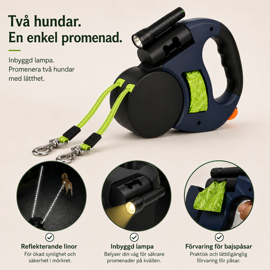 Dubbelt Upprullbart Hundkoppel för Två Hundar – Med Inbyggd Ficklampa & Hållare för Bajspåsar