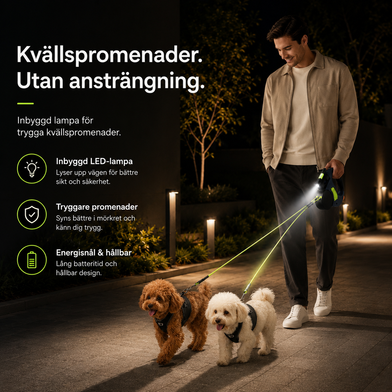 Dubbelt Upprullbart Hundkoppel för Två Hundar – Med Inbyggd Ficklampa & Hållare för Bajspåsar