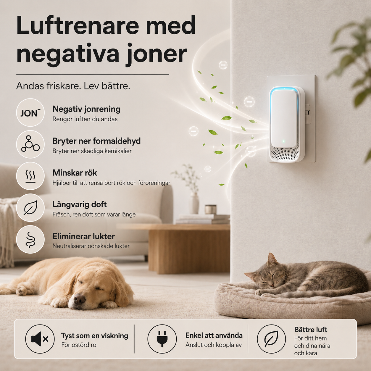 4-Pack Luftfräschare med Negativa Joner – Kompakt Luftrenare för Husdjursområden, Kök, Badrum & Mindre Rum