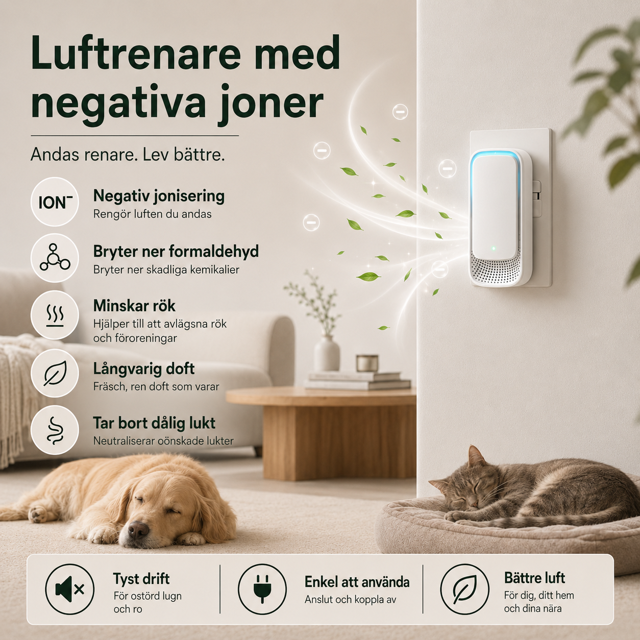 4-Pack Luftfräschare med Negativa Joner – Kompakt Luftrenare för Husdjursområden, Kök, Badrum & Mindre Rum