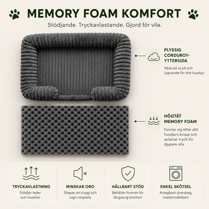 Stödjande Hundbädd i Memory Foam – Tvättbart Överdrag. Små, Medelstora & Stora Hundar