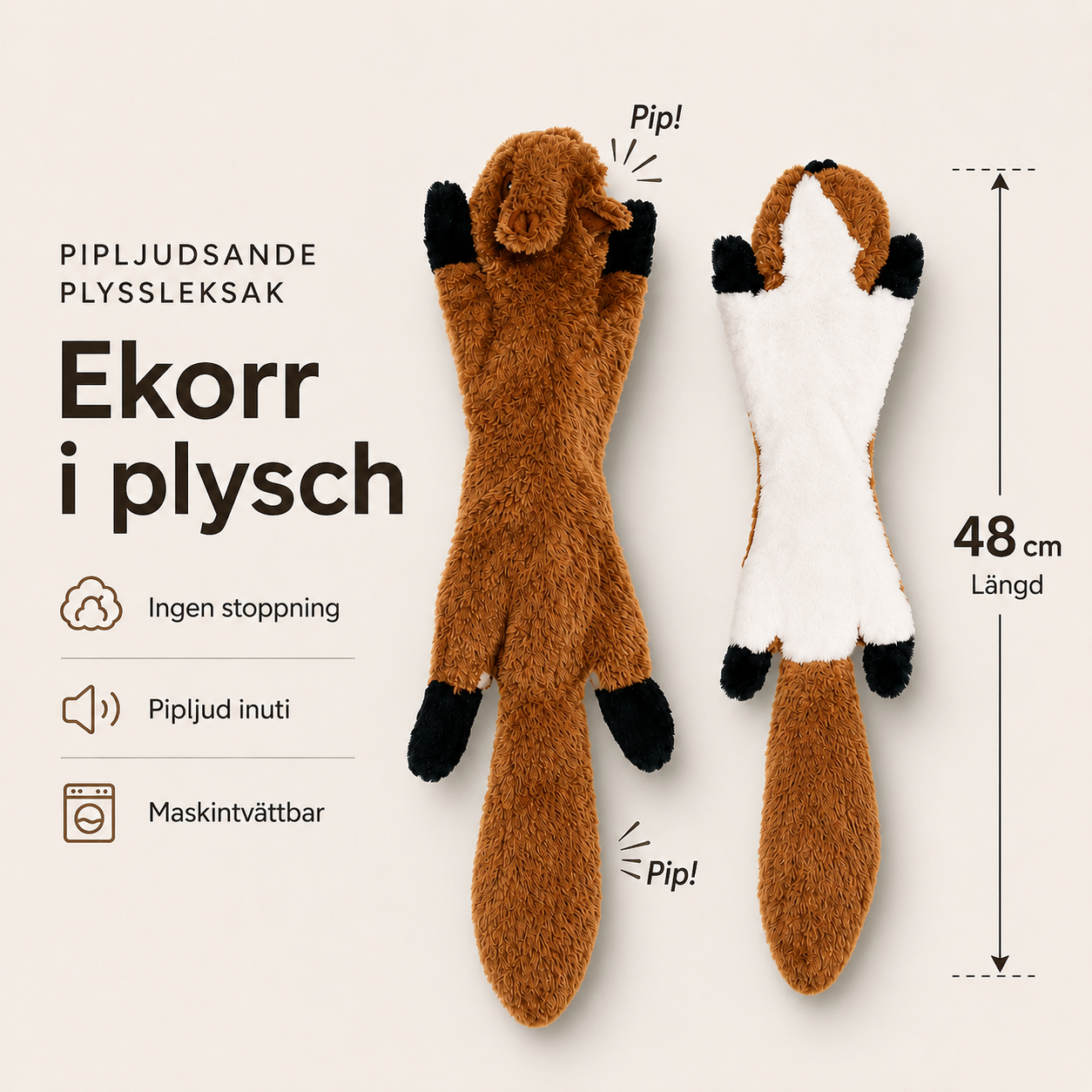 Pipande Plyschleksak för Hund – Mjuk Hundleksak med Prasselljud & Djurdesign utan Fyllning