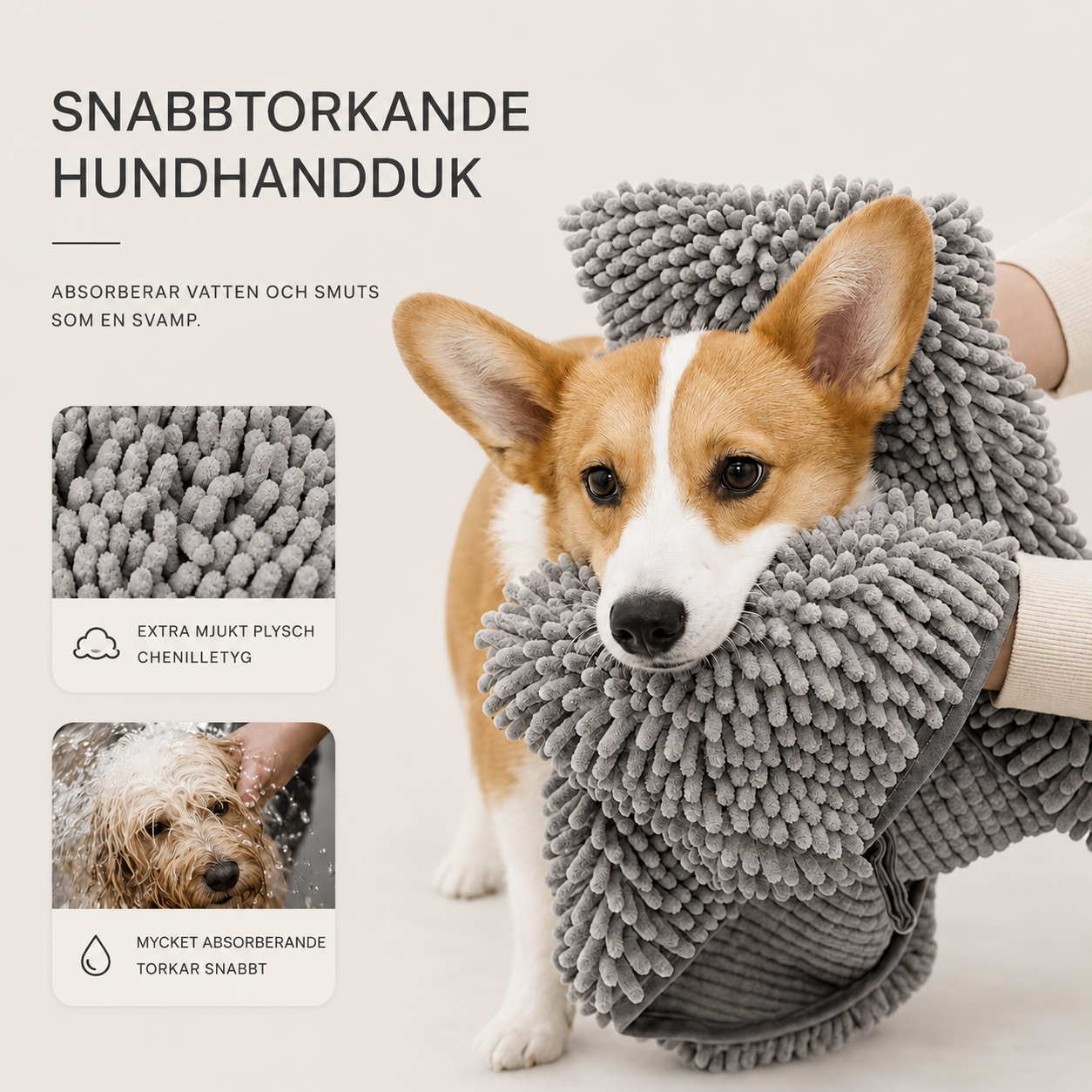 Superabsorberande Torkhandske för Husdjur – Mjuk Chenillehandduk för Hund & Katt med Snabbtorkande Effekt