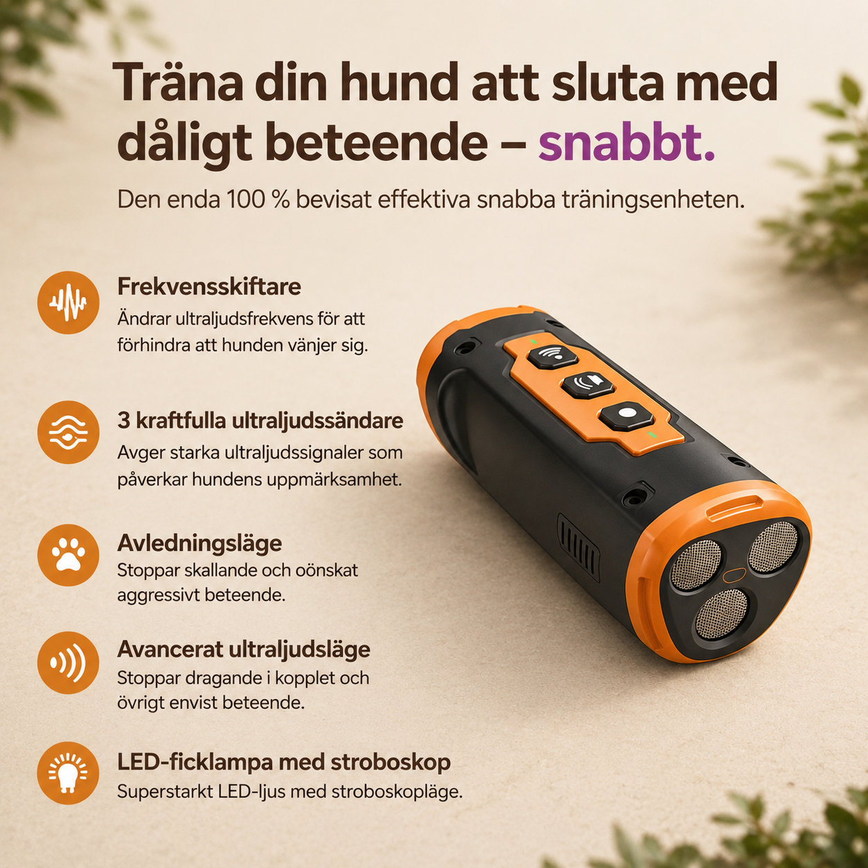 Uppladdningsbar Ultraljudstränare för Hund – Portabel Anti-Skall Enhet med LED-Ficklampa