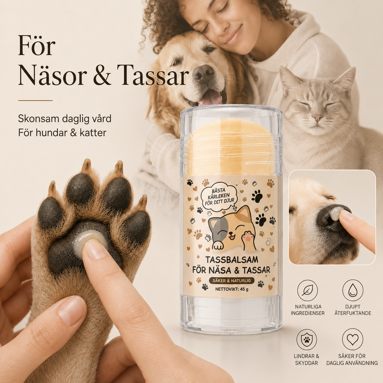 Nos & Tassbalsam för Hund & Katt – 45 g Återfuktande Balsam för Tassar och Nos